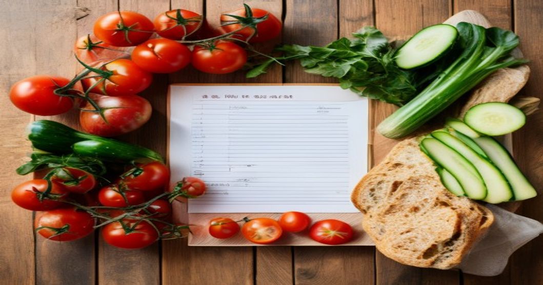 רשימת קניות עם ירקות טריים על שולחן עץ